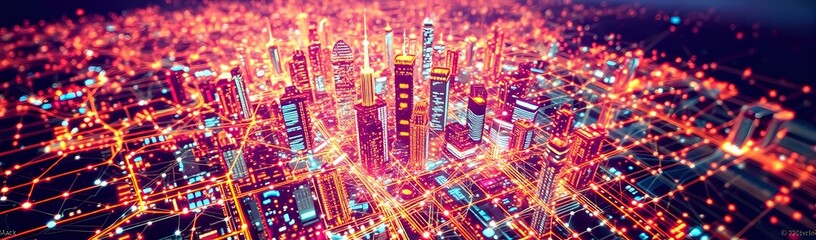 Obraz premium Futuristic Cityscape at Night: Birds Eye View of Interconnected Neon Buildings