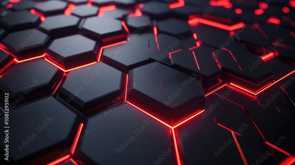 Poster abstract close-up of a textured hexagonal surface with glowing red lines creating dynamic patterns, 