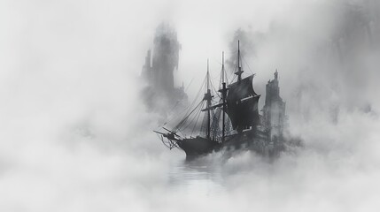 Fototapeta premium A mysterious ship navigates through foggy waters, surrounded by shadowy ruins.
