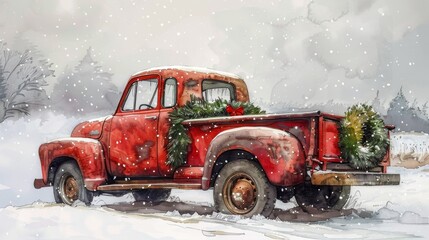 A vintage red truck decorated with Christmas wreaths sits in a snowy winter landscape, capturing a nostalgic holiday scene.
