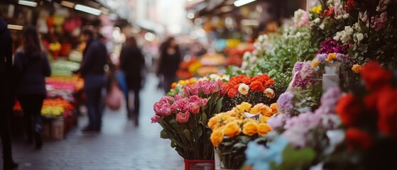 Fototapeta premium A vibrant market scene bursts with colorful flowers, inviting visitors to explore the bountiful blooms under the bustling, lively atmosphere.