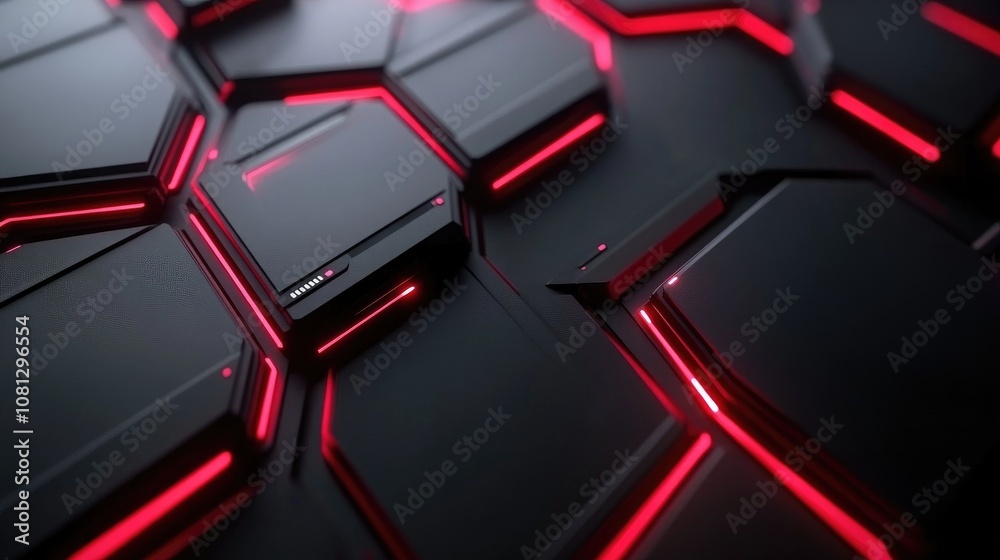 Poster futuristic black and red hexagonal pattern with neon lights for abstract background or technology de