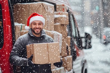 Festive scene with a smiling latino courier in Santa hat holding a gift box, with a delivery truck full of presents in the background with fallen snow. Perfect for delivery service Christmas themes.