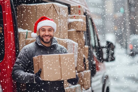 Festive scene with a smiling latino courier in Santa hat holding a gift box, with a delivery truck full of presents in the background with fallen snow. Perfect for delivery service Christmas themes.