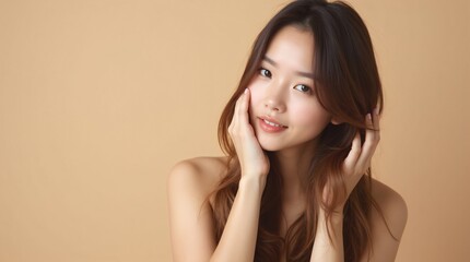 Fototapeta premium Attractive slim young asian woman with clean fresh healthy skin and long beautiful brunette hair isolated on light beige background. Skin care cosmetic product. Cosmetology, beauty and spa concept