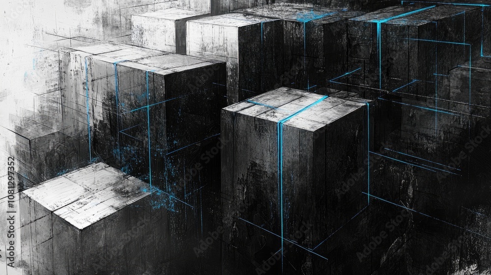 Poster abstract structure of geometric blocks with glowing lines in a dark environment, perfect for technol