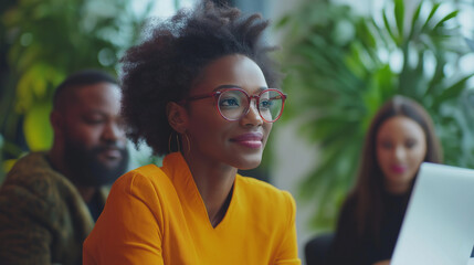 Fototapeta premium A close shot of a woman with glasses and an orange blazer at a meeting