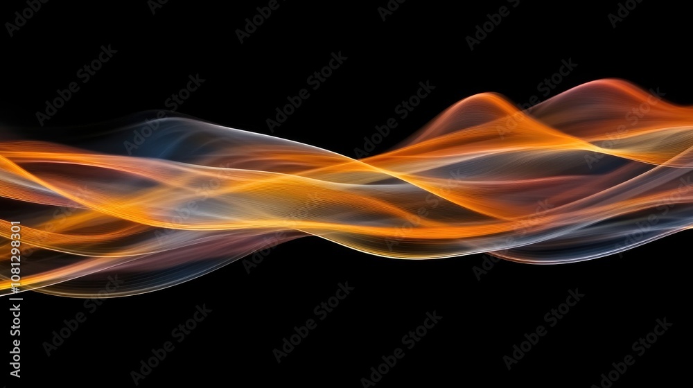 Poster abstract light waves in orange and blue colors flowing across a black background creating a smooth a