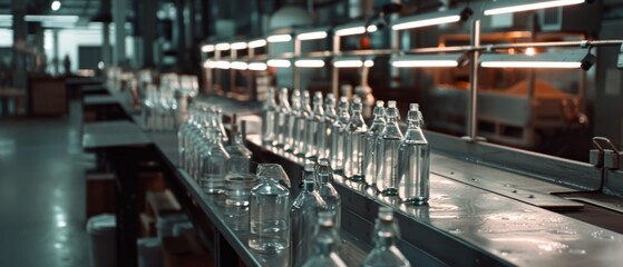 Industrial assembly line of glass bottles under bright lights, exemplifying modern manufacturing and technological prowess.
