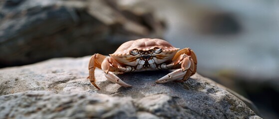 A solitary crab rests on a sunlit rock, its textured shell mirroring the rugged landscape of the shore.