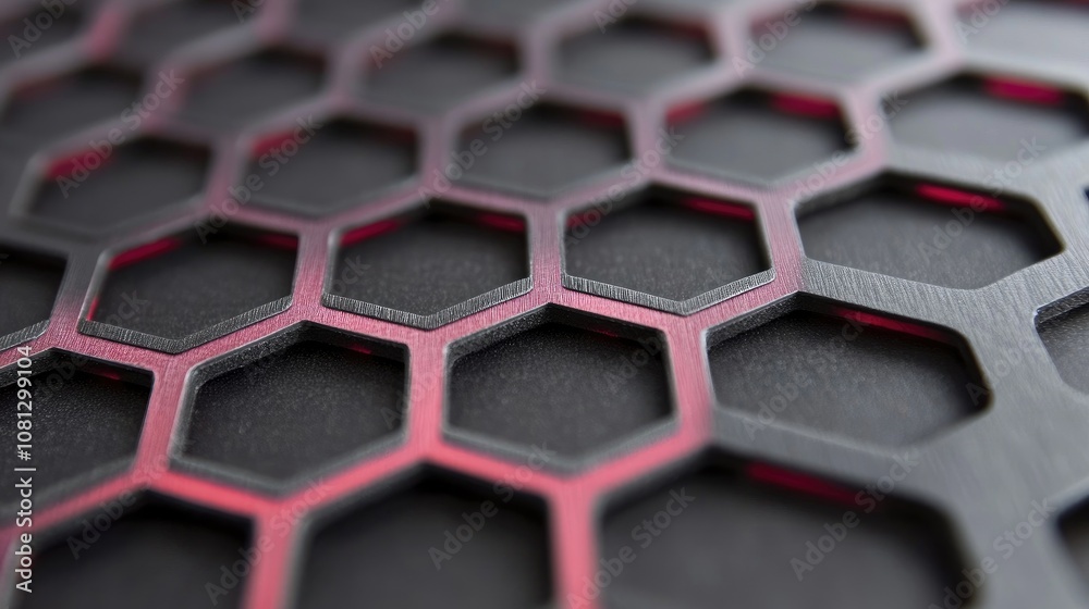 Poster close-up view of a modern honeycomb pattern with textured black background and subtle red highlights
