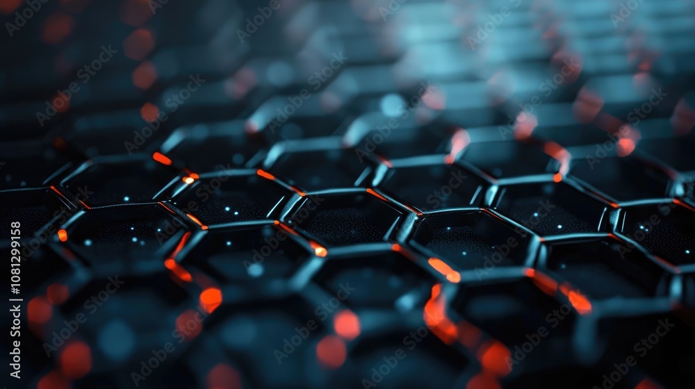 Poster abstract close-up of a futuristic hexagonal pattern with glowing edges and depth, perfect for techno