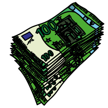This vector illustration shows a stack of 100 euro banknotes, arranged in a neat pile. The design uses bold lines and vibrant green colors to highlight the euro currency.