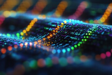 Abstract background of colorful glowing particles in motion, creating a wave-like pattern.