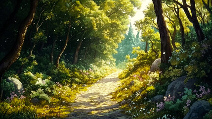 Fototapeta premium A sunlit path winds through a lush, green forest, with wildflowers blooming along the sides.