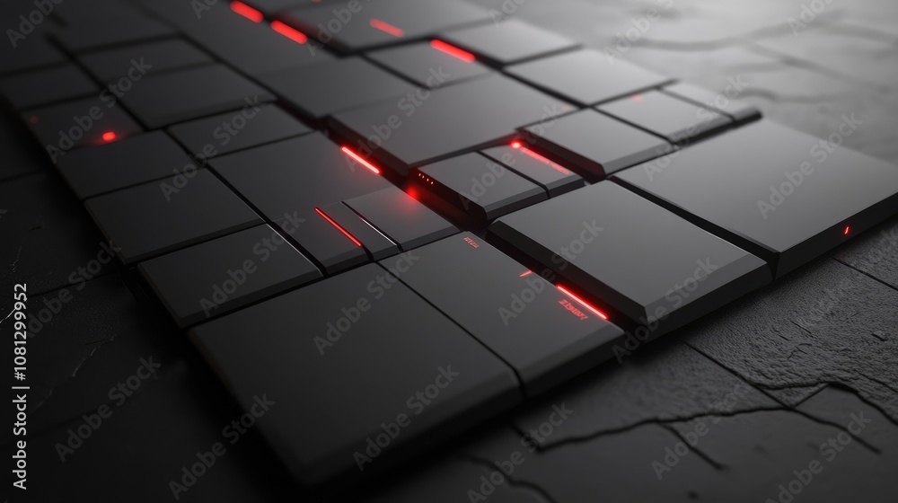 Poster Abstract futuristic black tiles with glowing red lines arranged on a textured surface, creating a modern digital background for technology and design concepts.
