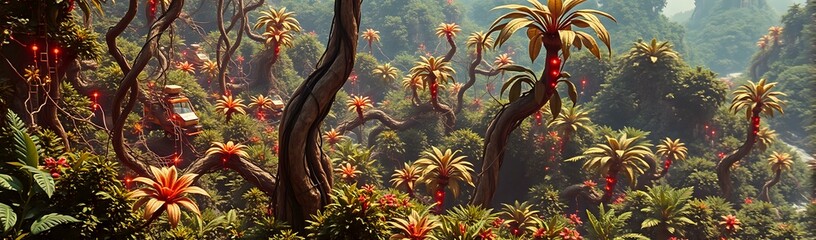 Natures Circuitry: Cybernetic Jungle Landscape - Vintage Outdoor Adventure Scene