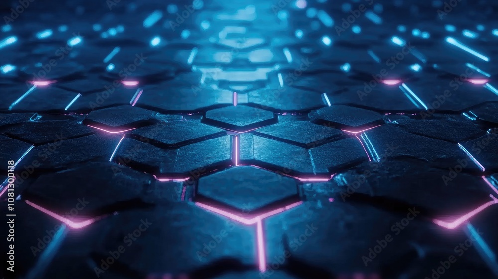 Poster futuristic abstract texture with neon lights illuminating hexagonal patterns on a dark surface creat