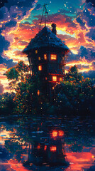 A tall, wooden house with windows lit up at night sits on the edge of a lake, with its reflection visible in the water. The sky is a vibrant mix of pink, purple, and blue, with twinkling stars.
