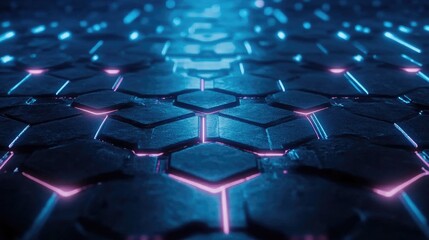 Fototapeta premium Futuristic Abstract Texture with Neon Lights Illuminating Hexagonal Patterns on a Dark Surface Creating a High-Tech Cyberpunk Aesthetic