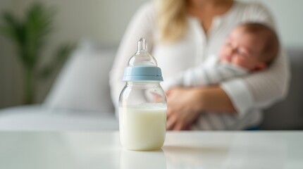 Bottle with breast milk against blurred background of mother holding in her hands little newborn baby at home.  Feeding time. Milk nutrition, milk formula. Maternity and baby care concept