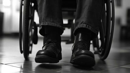 close-up of legs in a wheelchair in black and white
