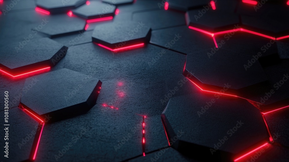 Poster futuristic hexagonal pattern with neon red lighting on dark surface, abstract design for technology 