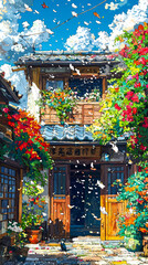 A traditional Japanese house with a wooden door and a balcony covered in flowers. There is a black cat sitting in the doorway and a blue sky in the background with white clouds and falling petals.