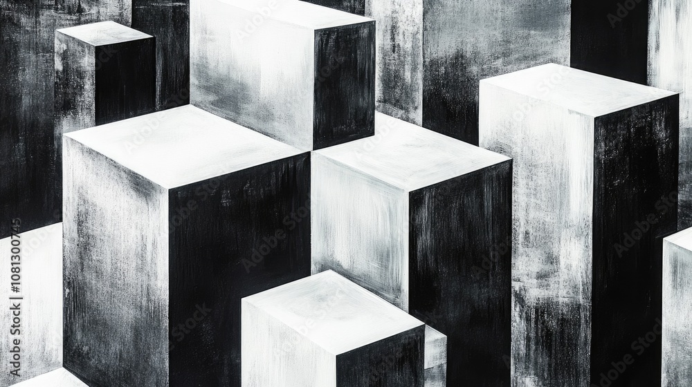 Poster abstract geometric architecture with black and white cubes creating dynamic visual depth and contras