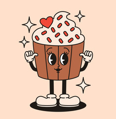 Groovy retro character cupcake. flat vector illustration.