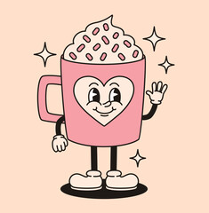 Groovy retro character hot chocolate. Flat vector illustration.