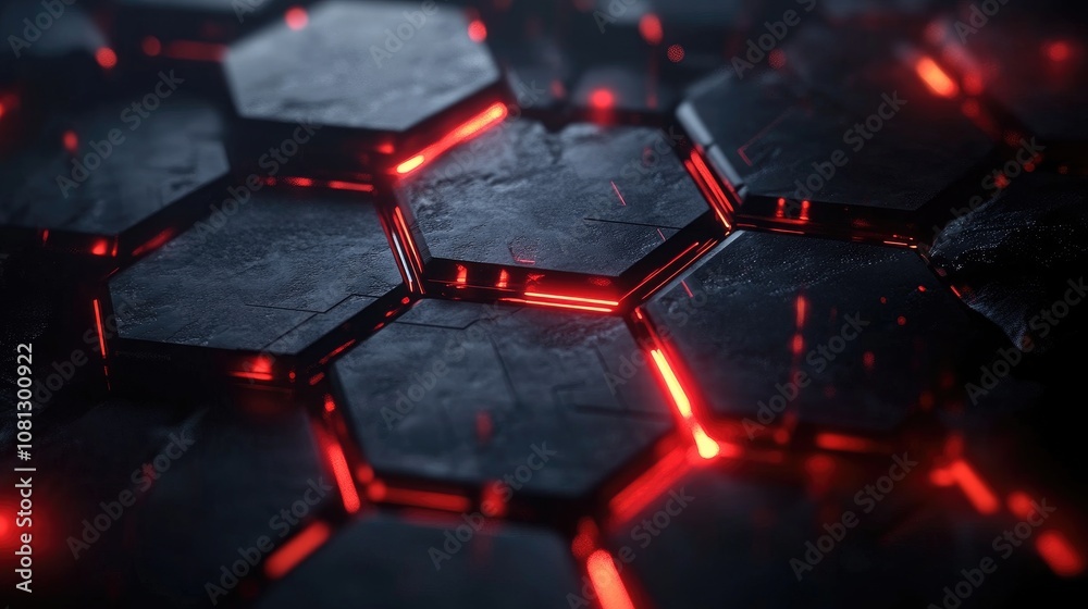 Poster abstract dark background featuring hexagonal tiles with glowing red outlines, creating a futuristic 