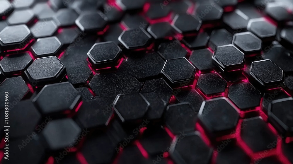 Poster abstract close-up of a modern textured black surface with hexagonal shapes and glowing red accents, 