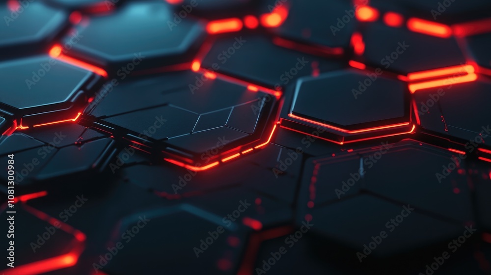 Poster futuristic hexagonal pattern with glowing red lines on dark surface, ideal for technology background