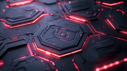 Futuristic Hexagonal Surface with Glowing Red Lines and Textures, Perfect for Technology Backgrounds, Designs, and Abstract Visual Concepts in Digital Art