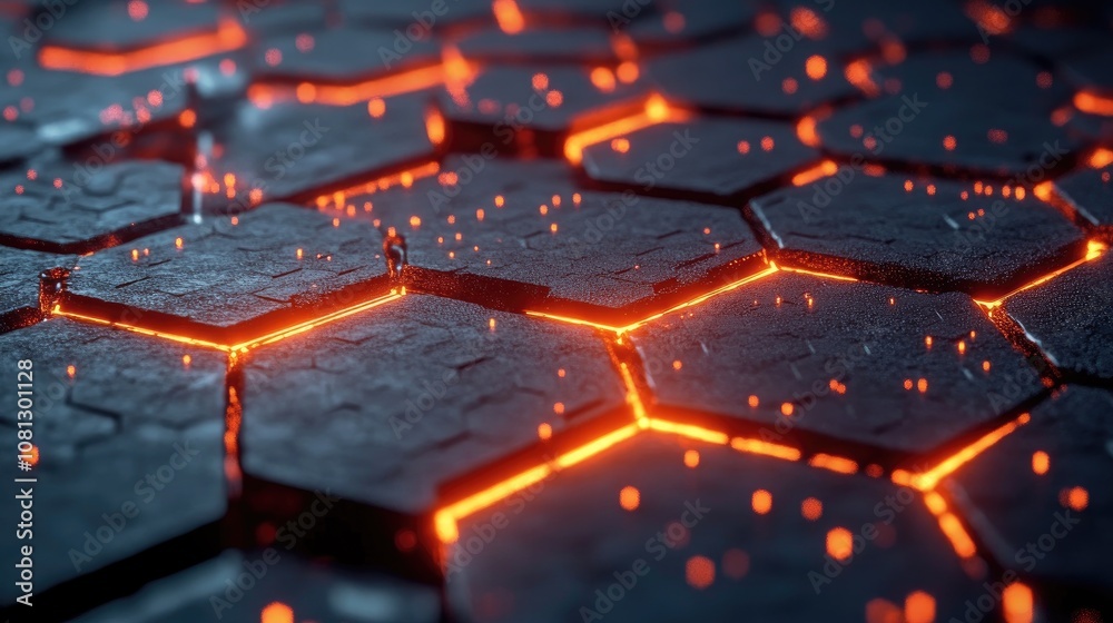 Poster close-up view of lava flowing between hexagonal rocks creating an abstract textured surface with glo
