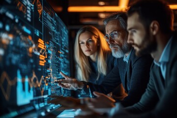 Obraz premium A diverse team of professionals collaborate and analyze data on a large monitor in a dark office.