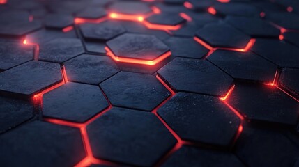 Fototapeta premium Textured Hexagonal Surface with Glowing Red Cracks, Dark Background, and Intricate Patterns for Futuristic or Sci-Fi Design Concepts