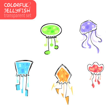 Vector Illustration of Colorful Jellyfish on Transparent Background, Unique Cartoon Image