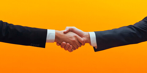 Two individuals exchange a firm handshake, illustrating a moment of agreement and professionalism. The bright orange backdrop enhances the significance of their interaction