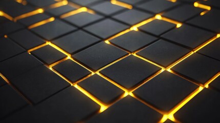 Abstract geometric pattern with illuminated tiles creating a modern design, featuring soft glowing edges in a dark environment, ideal for backgrounds and textures
