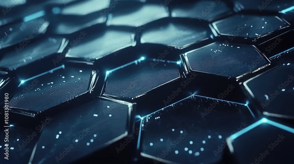 Poster abstract close-up view of a futuristic hexagonal patterned surface illuminated by glowing blue light