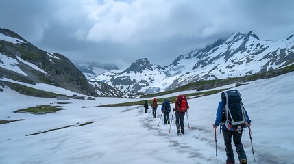 A group of hikers trekking through a snowy mountain landscape under cloudy skies.