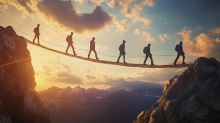 Fototapeta premium Hikers crossing a bridge over mountains at sunset.
