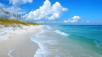 Fototapeta premium Pristine white sand beach with sea oats and turquoise ocean waves under dramatic puffy white clouds and bright blue summer sky, copy space