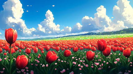 A vibrant field of red tulips under a clear blue sky with white fluffy clouds.