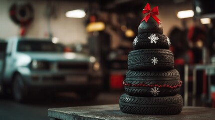 Creative christmas tree made of car tires in a workshop for a unique holiday twist, happy new year