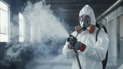A person in a protective suit and gas mask sprays a substance in a foggy industrial environment.