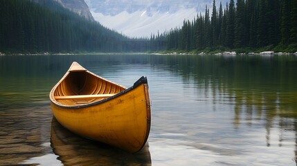 Yellow wooden canoe floating on calm mountain lake with evergreen forest and misty peaks in wilderness background, copy space
