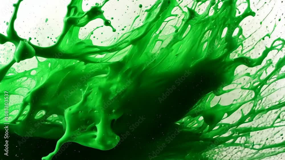 Poster green paint splatters on a white background, creating a chaotic and abstract design